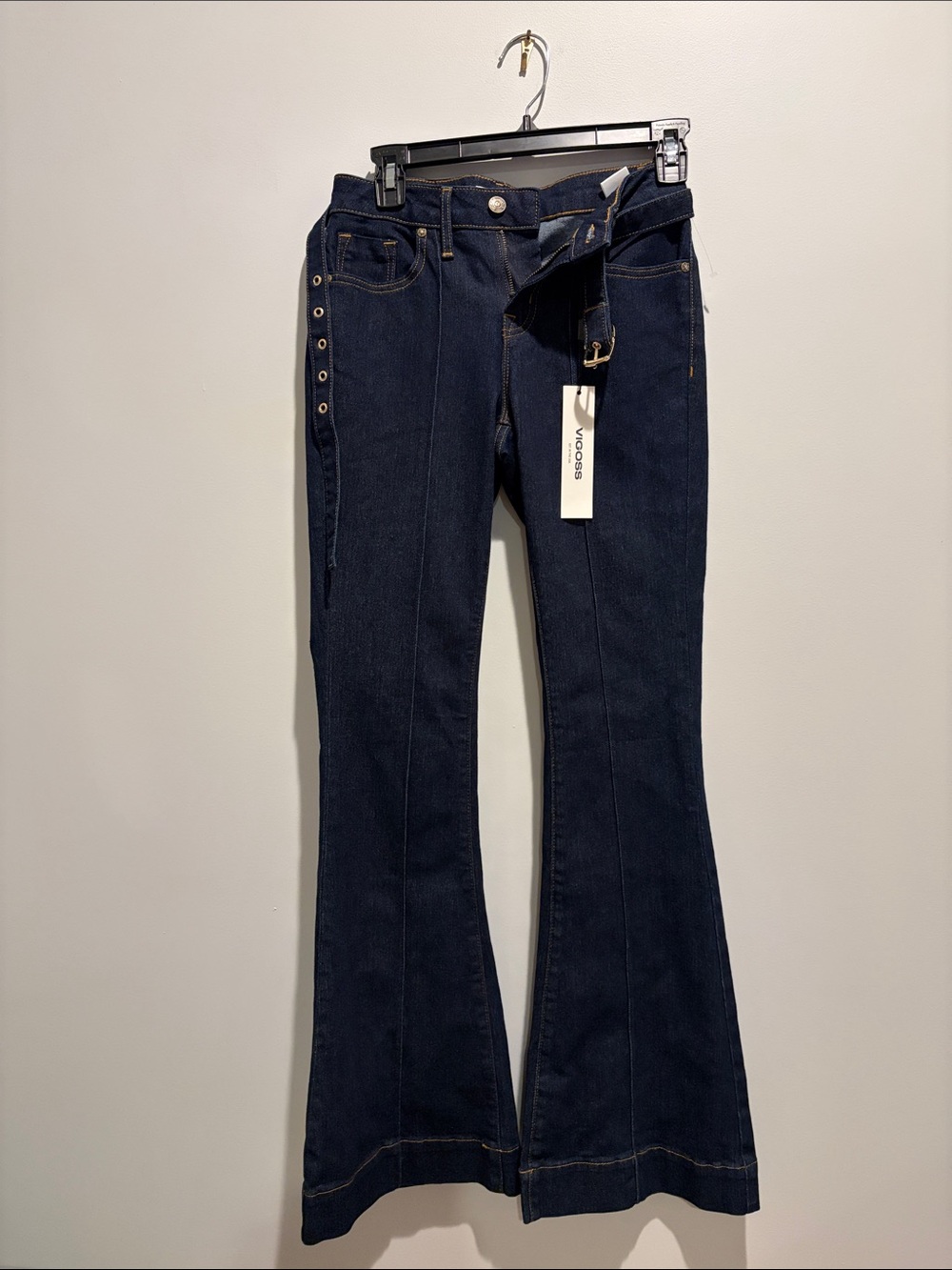 Vigoss Navy High-Rise Flared Jeans with Side Eyelet Detail